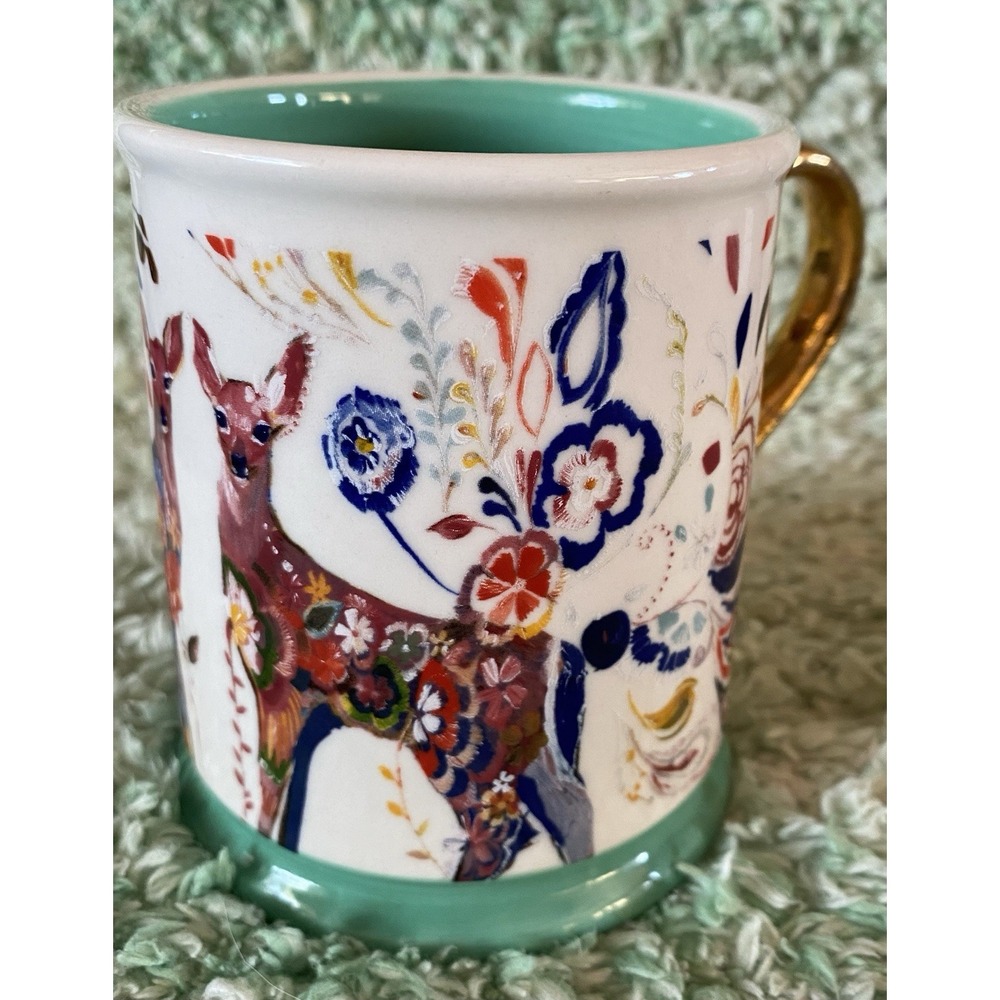 Anthropologie Folklore Fawns Starla Halfmann Mug Deer Gold Whimsy Fairy Unique